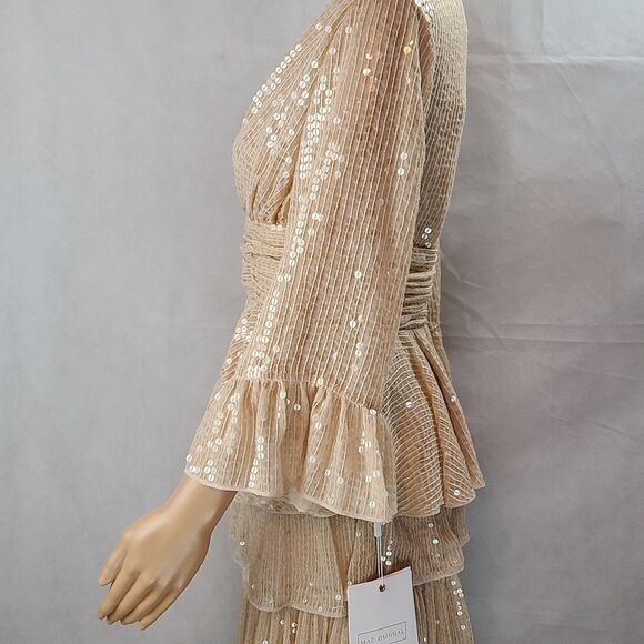 New Mac Duggal Women's (4) Beige 3/4 Sleeve Sequined Ruffle Tiered 2 Piece Gown - Picture 4 of 12